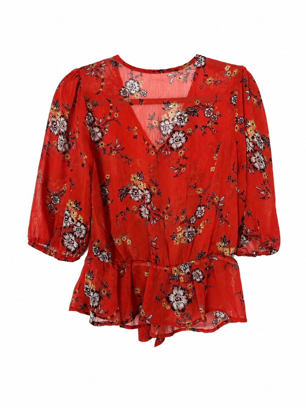 June & Hudson Red Floral Peplum Blouse Sheer Boho Top Medium